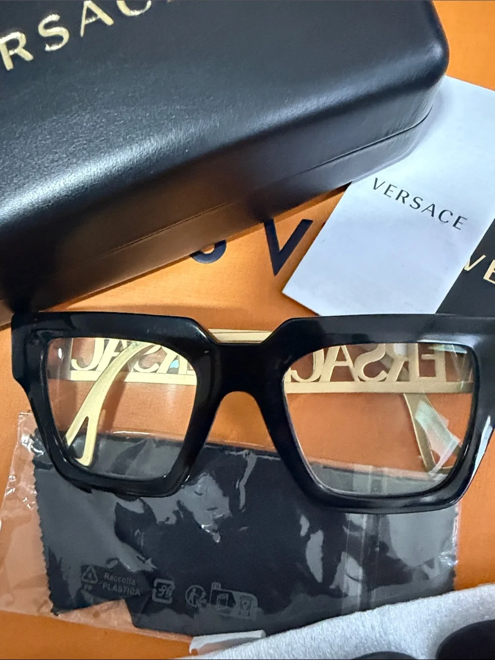 Authentic Versace Women’s Black and Gold Square Frame Sunglasses